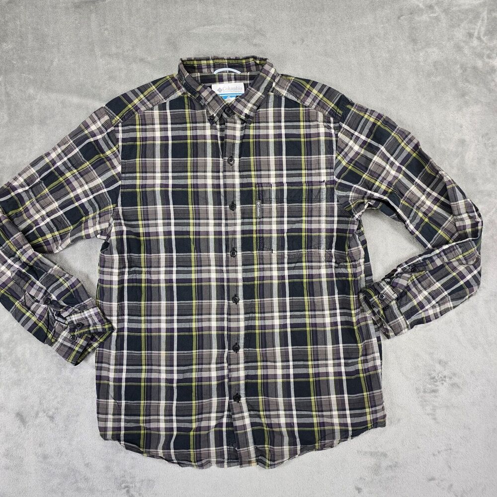Columbia Men's Long sleeve Plaid Button up  Shirt Blue Gray Yellow Size M